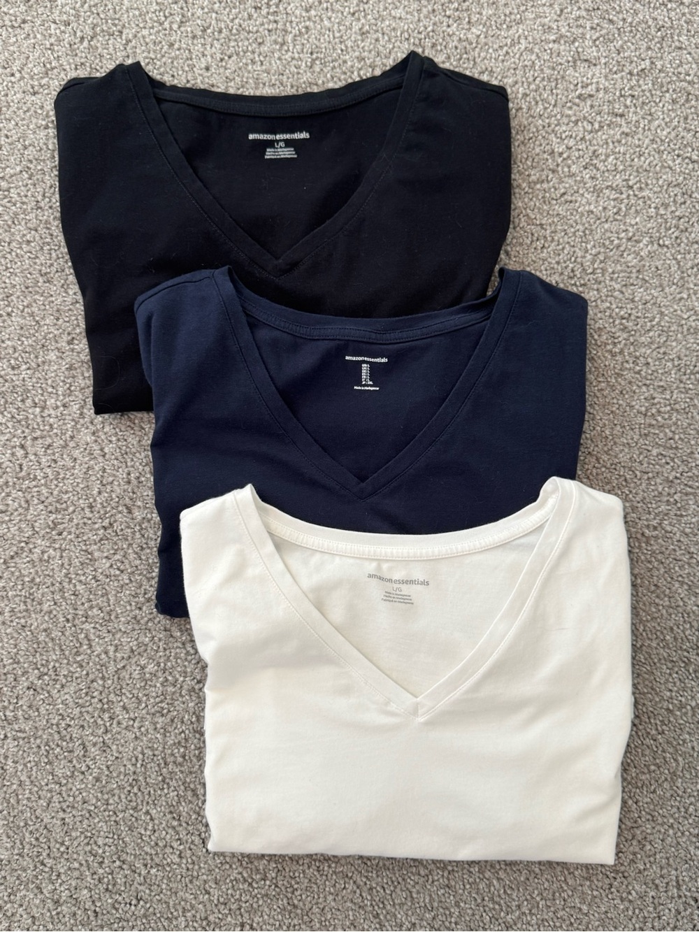 Trio of Amazon Essentials V-Neck Tee - Black, Navy and White, Size L